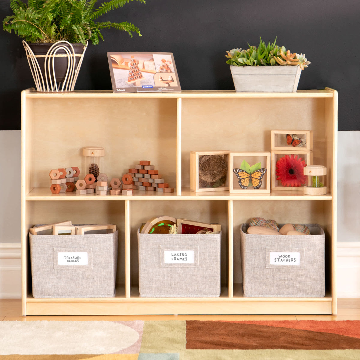G80313 Guidecraft EdQ Essentials Two Shelf Compartment Storage 30in Natural Env 2 | Natural