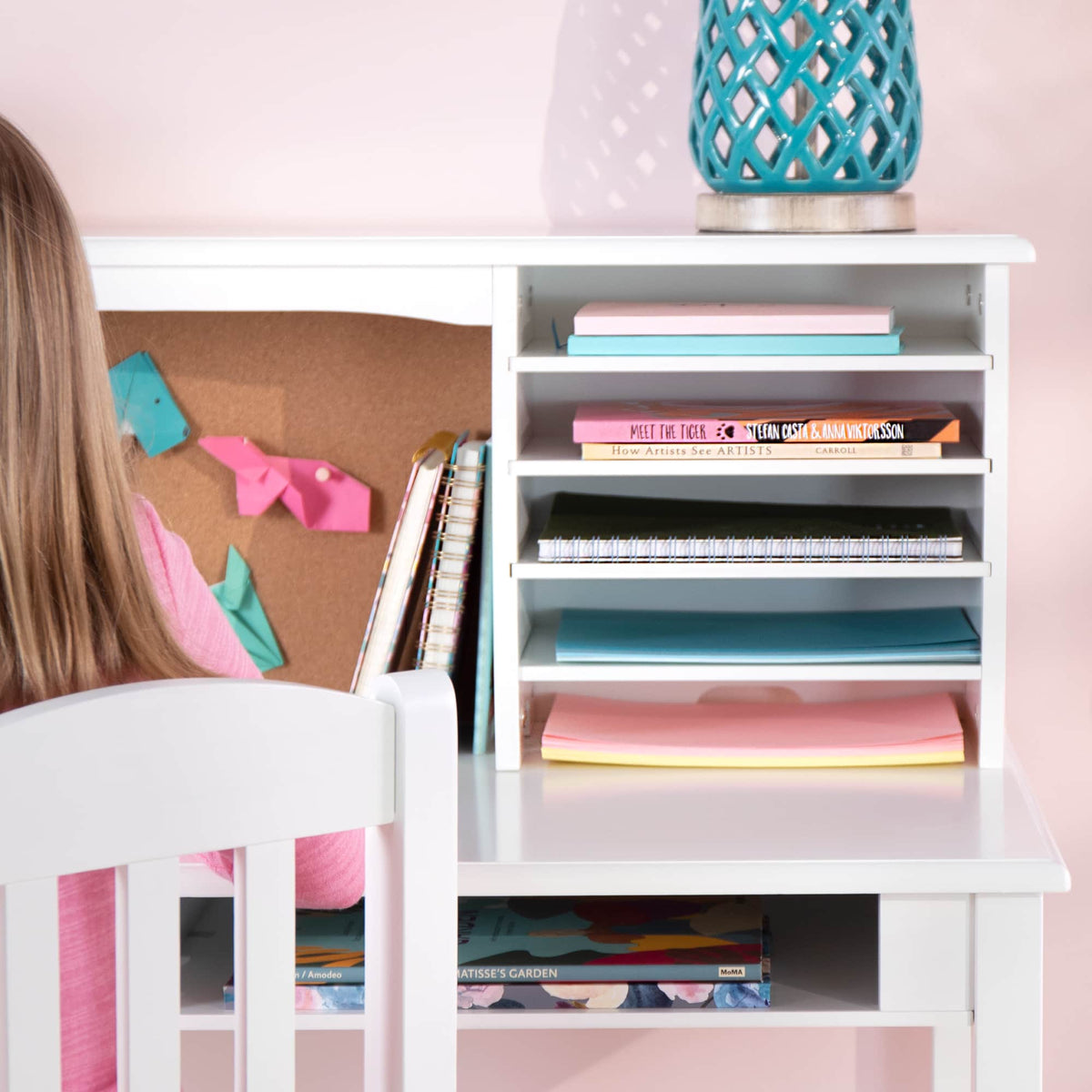 G27642 Guidecraft Childrens Media Desk and Chair Set White Lifestyle Detail 1 | White